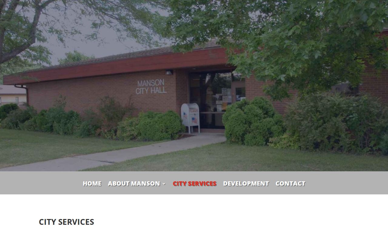 Manson city services page with police contact information
