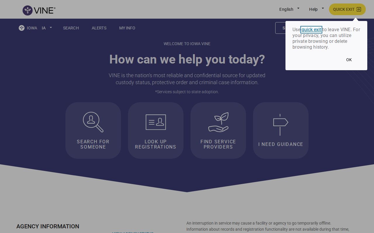 VINELink Iowa custody alert registration screen