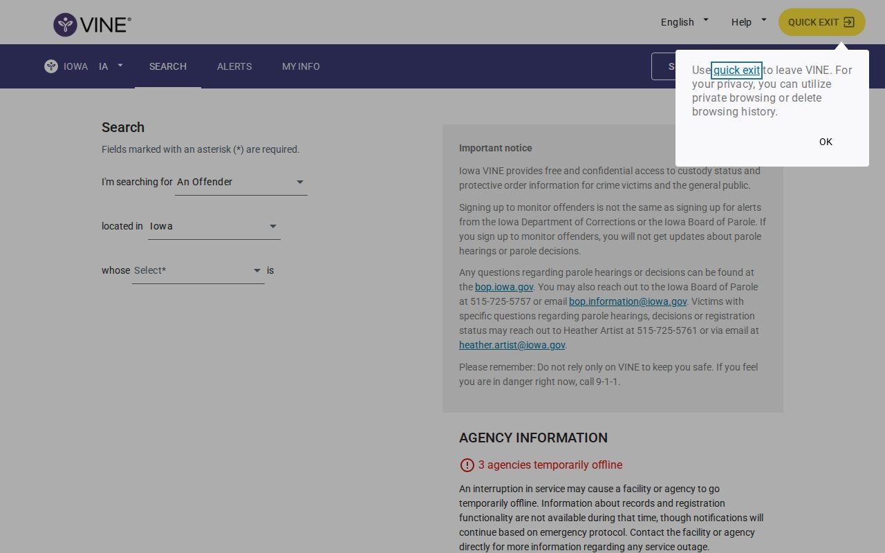 VINELink Iowa person custody search interface